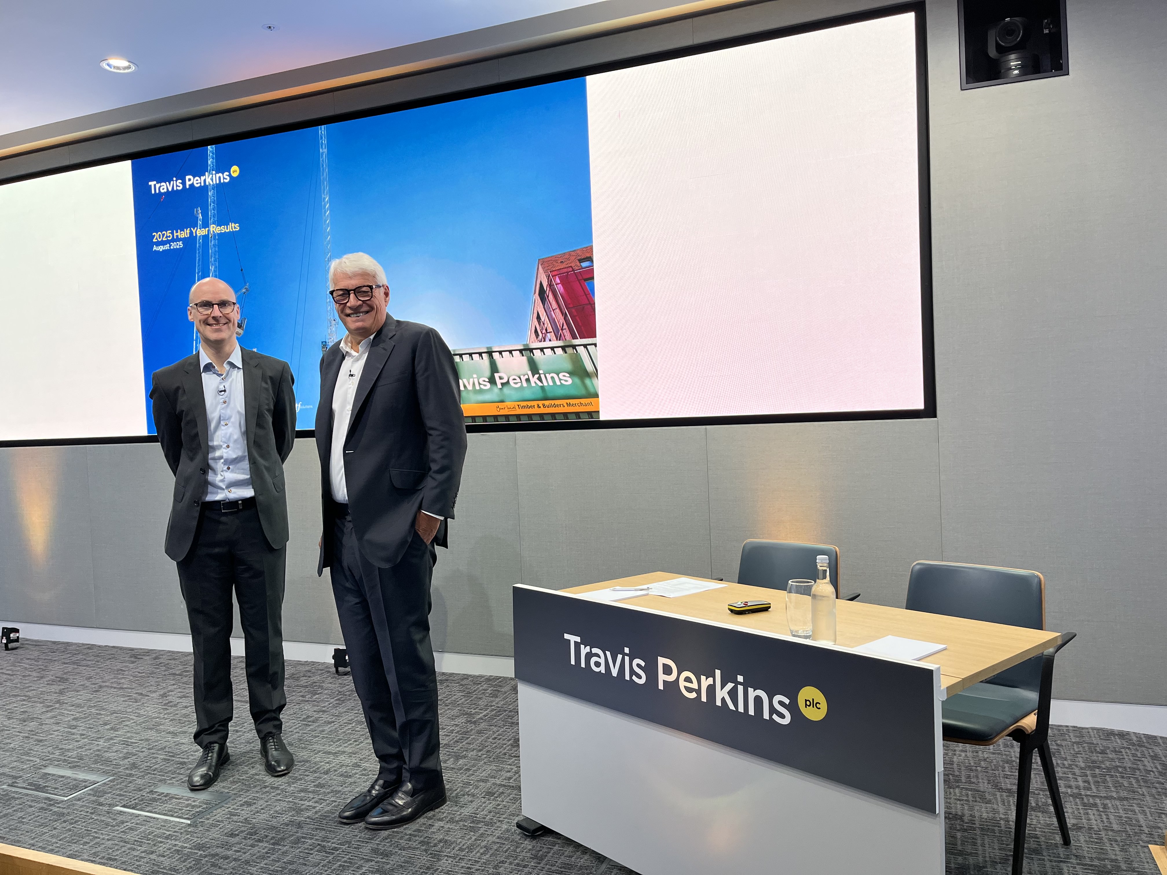 2025 Half Year Results, Travis Perkins plc, Duncan Cooper, CFO (L), Geoff Drabble, Chair (R)